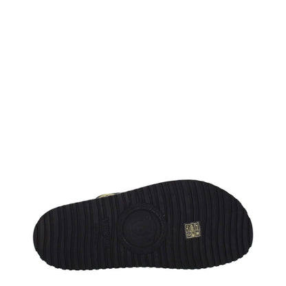 Sole view of Versace Black Fabric Slippers with rubber sole and gold accents, showing texture and design details.