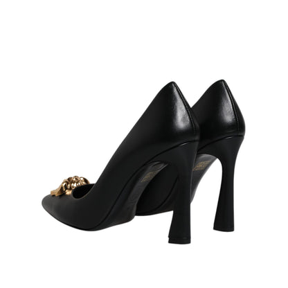 Versace Black Leather Logo Plaque High Heels Pumps Shoes