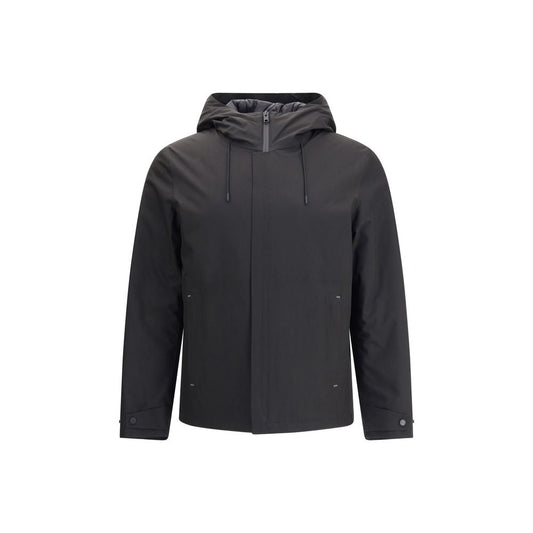Woolrich Black Polyester Shell Jacket with adjustable hood and double-slider zipper, perfect for varied weather conditions.