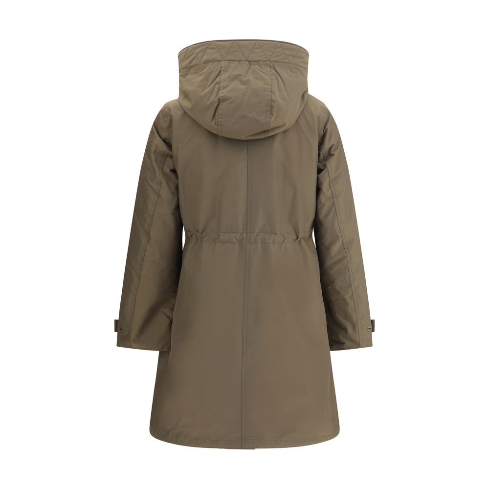Back view of Woolrich Green Cotton Parka showcasing hood and padded design, featuring adjustable cuffs and a decomposable 3-in-1 style.