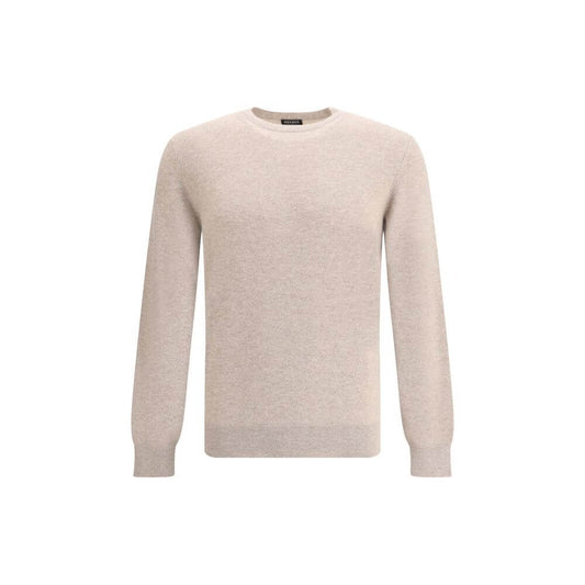 ZEGNA Beige Cashmere Cashmere Sweater featuring a ribbed crew neck, cuffs, and hem for timeless elegance and softness, AW25 collection.