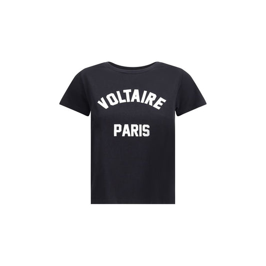 Zadig & Voltaire Black Cotton T-Shirt with Voltaire Paris logo, ribbed crew neck, AW25 collection, 100% cotton for casual contemporary style.