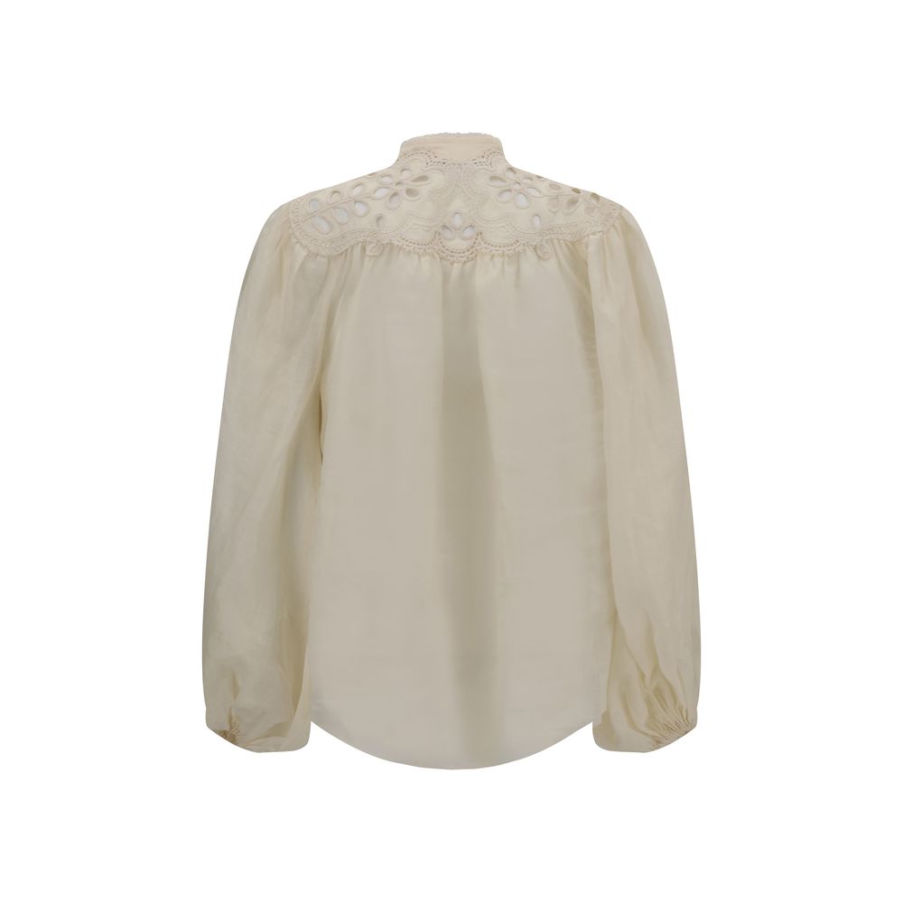 Zimmermann Cream Ramie Blouse with embroidered high neck and long puff sleeves, featuring scalloped hem and lace inserts.