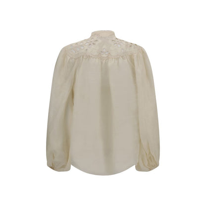 Zimmermann Cream Ramie Blouse with embroidered high neck and long puff sleeves, featuring scalloped hem and lace inserts.