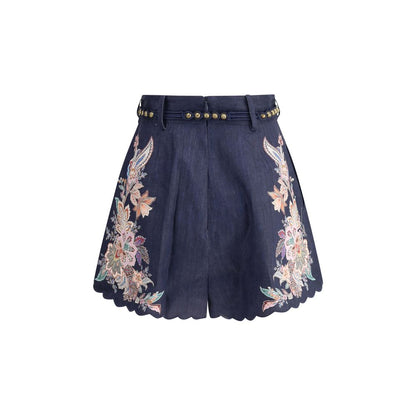 Zimmermann White Linen Bermuda Shorts with floral embroidery, scalloped hem, and belt loops for a stylish summer look.