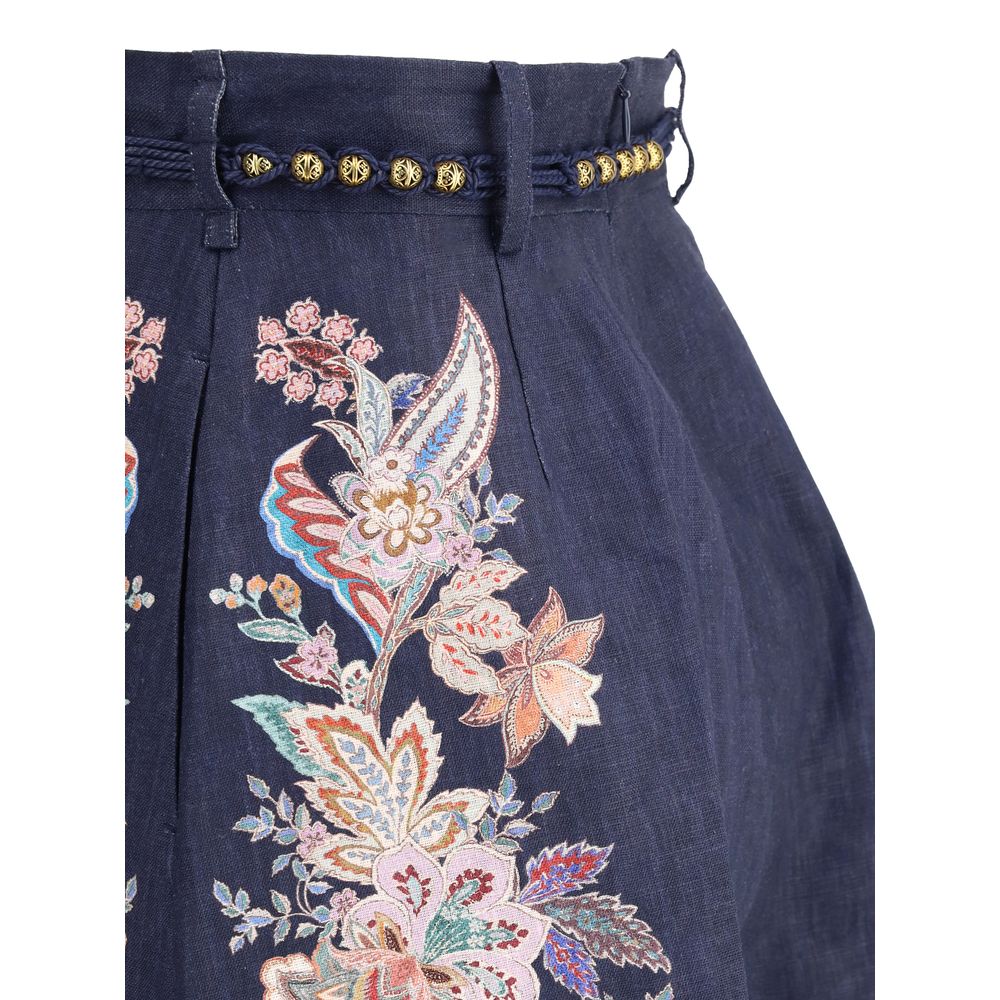 Zimmermann White Linen Bermuda Shorts with paisley design and scalloped hem close-up