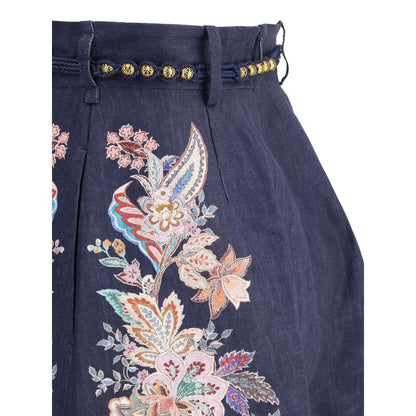 Zimmermann White Linen Bermuda Shorts with paisley design and scalloped hem close-up