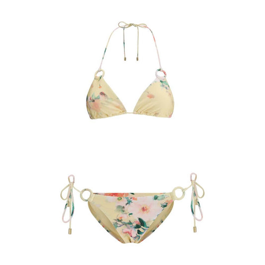 Zimmermann Yellow Polyamide Bikini with floral pattern, American neckline, and adjustable knot closures for beachwear.